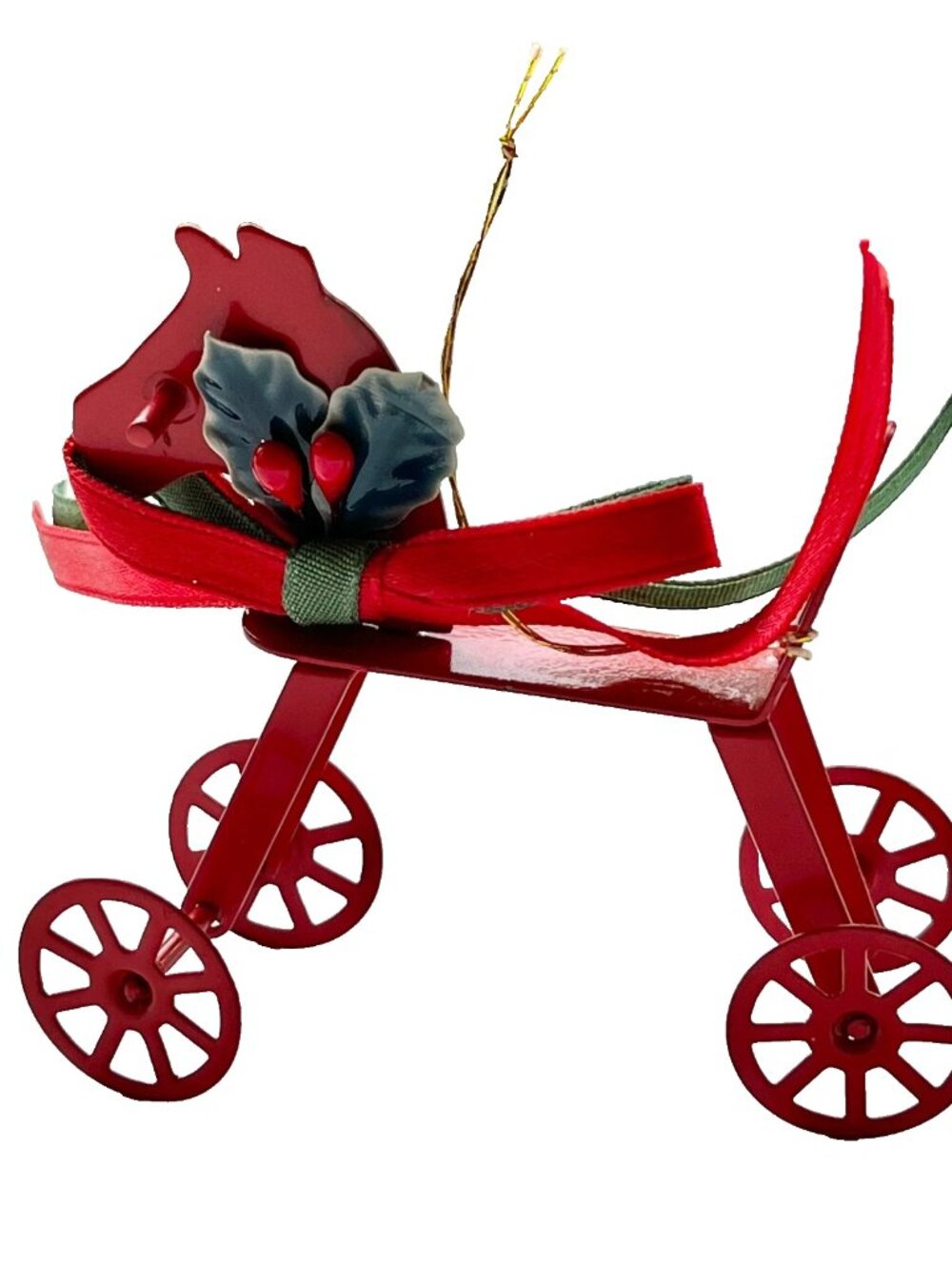 Vintage Rocking Horse Christmas Tree Ornament Red Diecast Metal Holly Taiwan